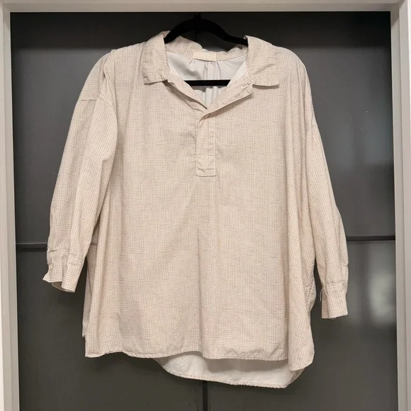 CP Shades Women’s XL Oversized Pullover Shirt Beige Micro Check Relaxed Chic - Picture 1 of 8